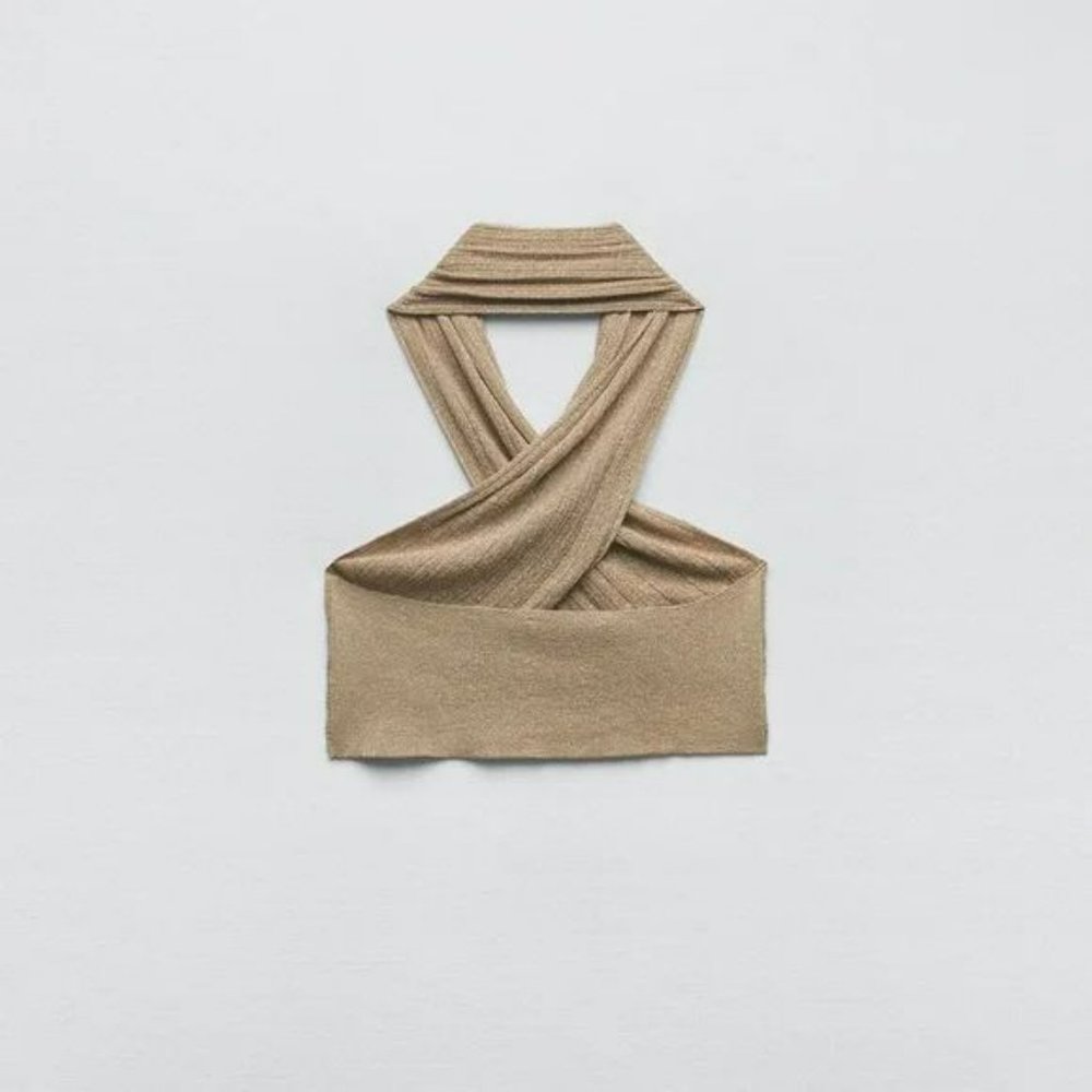 RARE ZARA 2 PIECE GOLDEN METALLIC THREAD WRAP KNIT TOP AND KNIT SKIRT - Picture 5 of 8